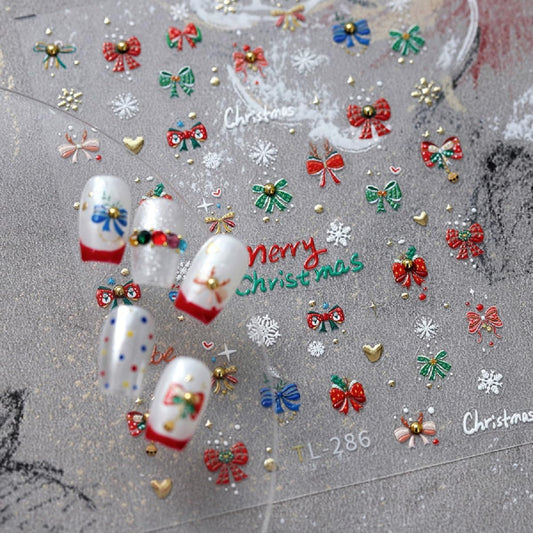 5D Embossed Christmas Nail Stickers Bow Nail Art Decals Self-Adhesive Snowflake Nail Art Sticker Cute Xmas Nail Decals for Women Girls Winter Holiday Manicure DIY Nail Supplies