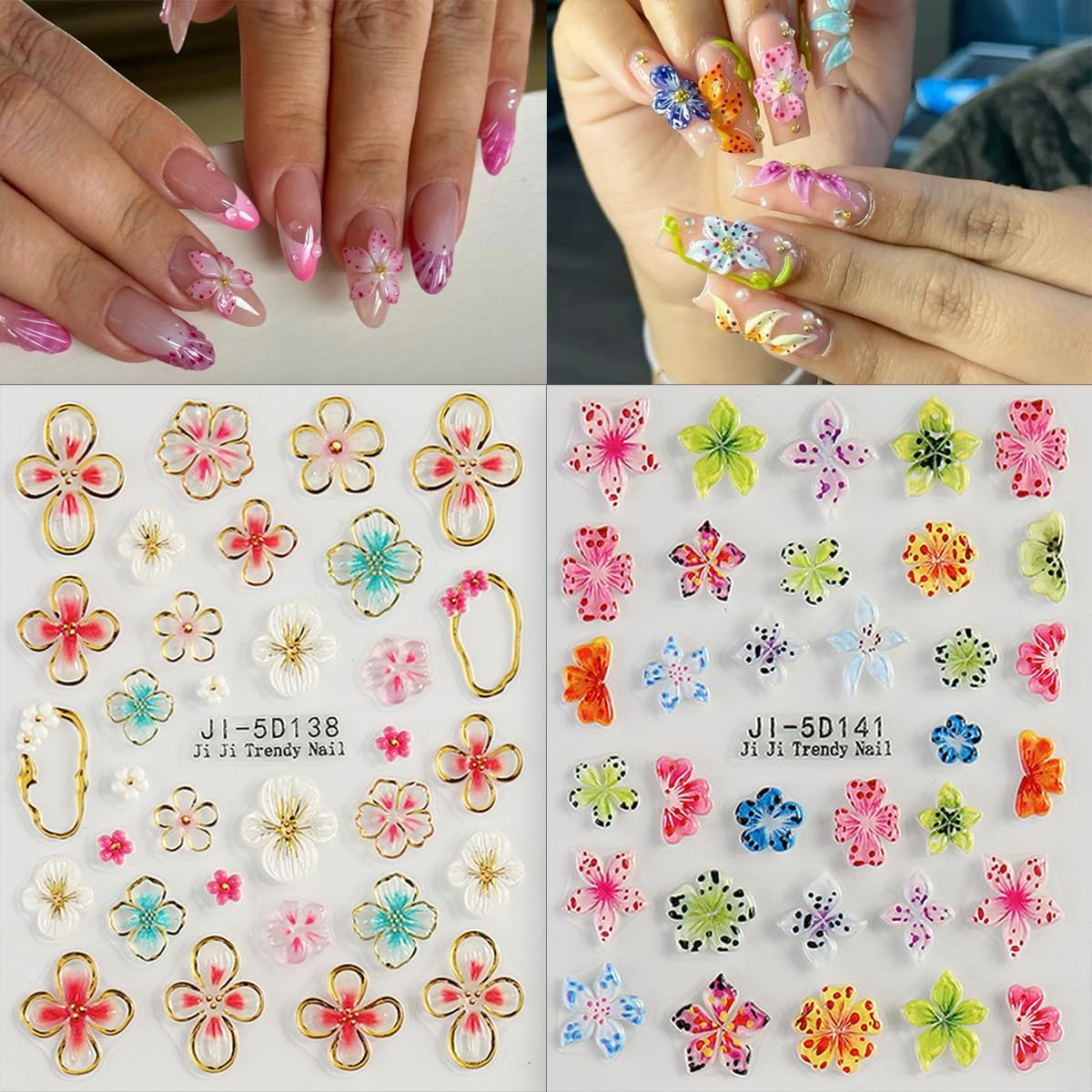 Flower Nail Stickers 5D Hibiscus Flower Stickers for Nails Lily Floral Nail Decals Self Adhesive Nail Art Design Sticker para Uñas Summer Nail Art Sticker for Women DIY Acrylic Nails Decor 2 Sheets