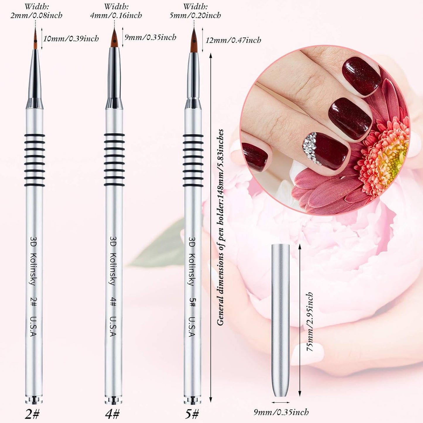 Patelai 3 Pcs Kolinsky 3D Nail Art Brush Set Size 2/4/5 Acrylic Nail Art Brush with Silver Metal Nonslip Grip Handle Polish Cleaning Manicure Tools for Women Acrylic Sculpture Application