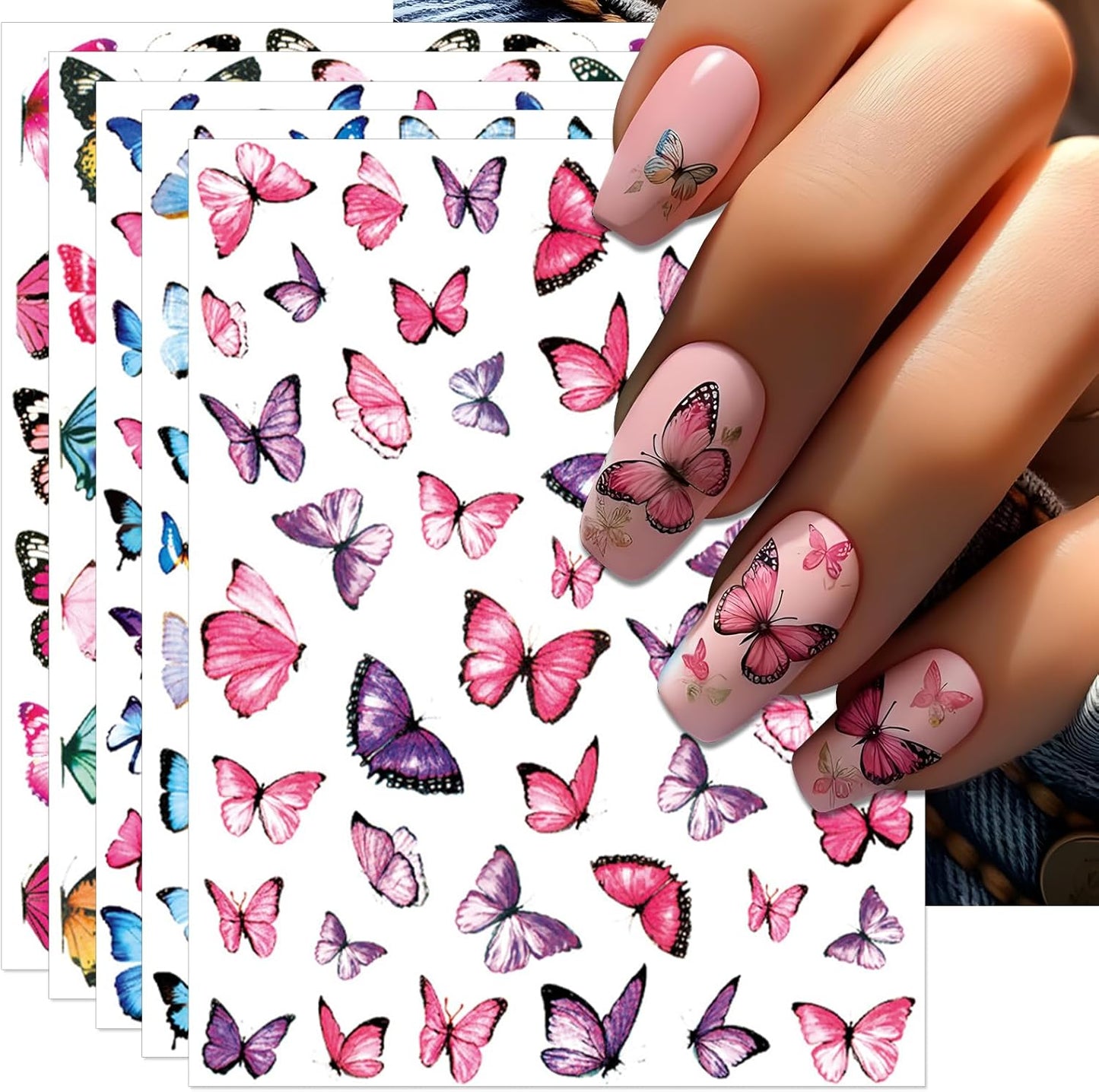 8 Sheets Butterflies Nail Art Stickers - Colorful Butterflies Wing Self-Adhesive Nail Decals for DIY Spring Summer Manicure