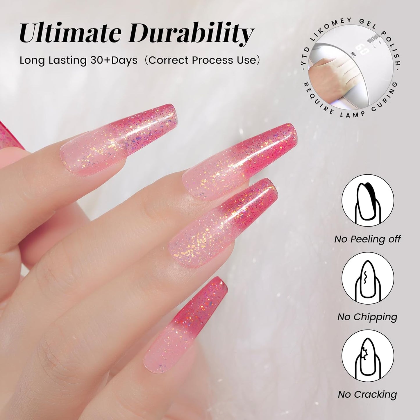 YTD Likomey Color Changing Gel Nail Polish,Brocade Glitter 15ml Light Pink To Peach Red Shimmer Glitter Mood Temperature Change Colors Iridescent Flakes Fall Winter Ombre Thermal UV Nail Gel,WB341