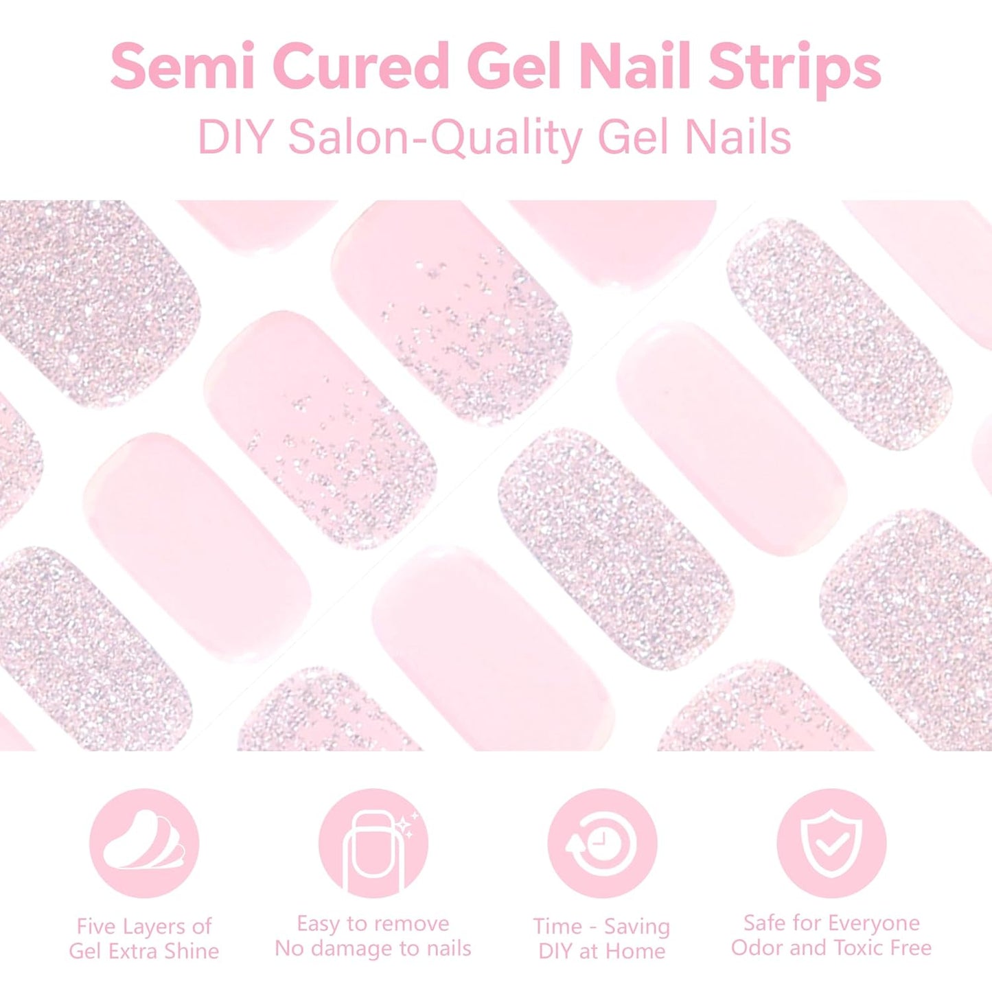 Semi Cured Gel Nail Strips-Travel friendly nail stickers portable manicure kit for vacations business trips easy to carry on the go,Works with Any UV/LED Lamps(Pixie Dust）