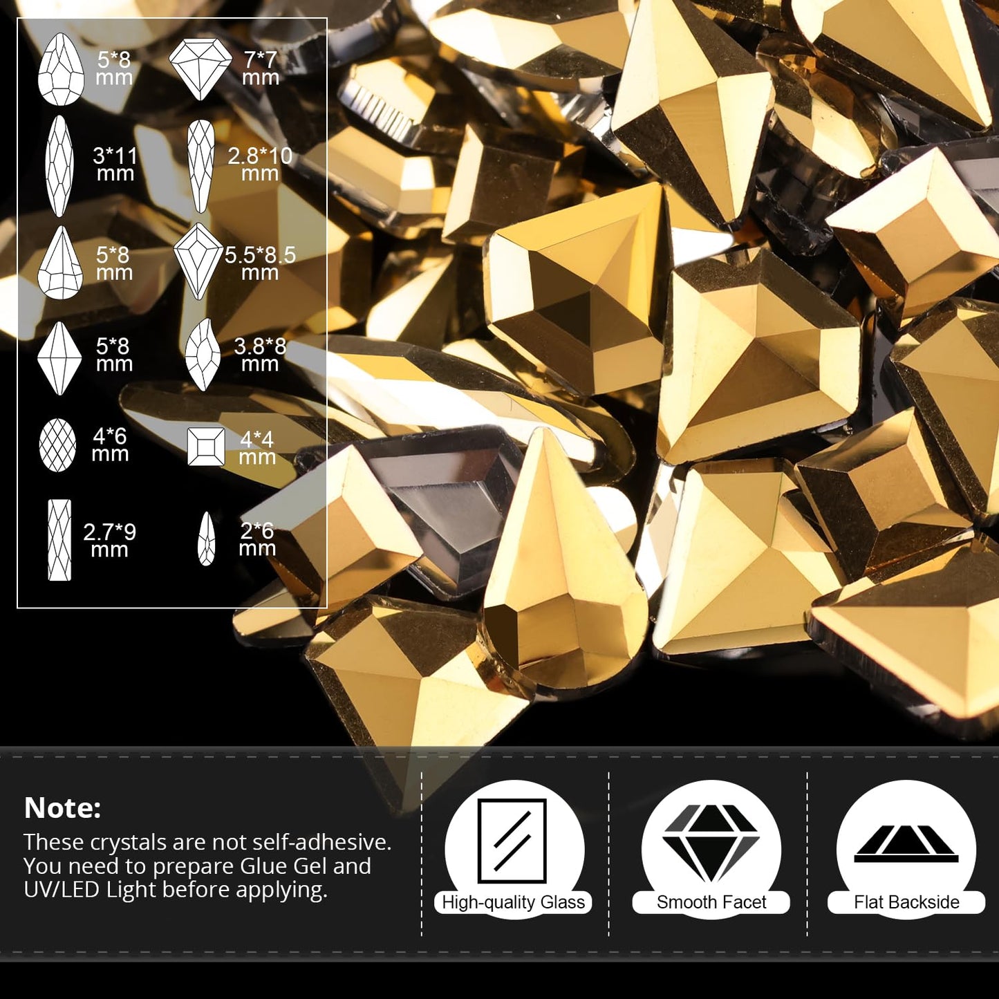 Multifunctional Rhinestone Kit - Gold Glass Nail Charms & Beads (2-5mm), UV/LED Gel Glue with Dotting Tools