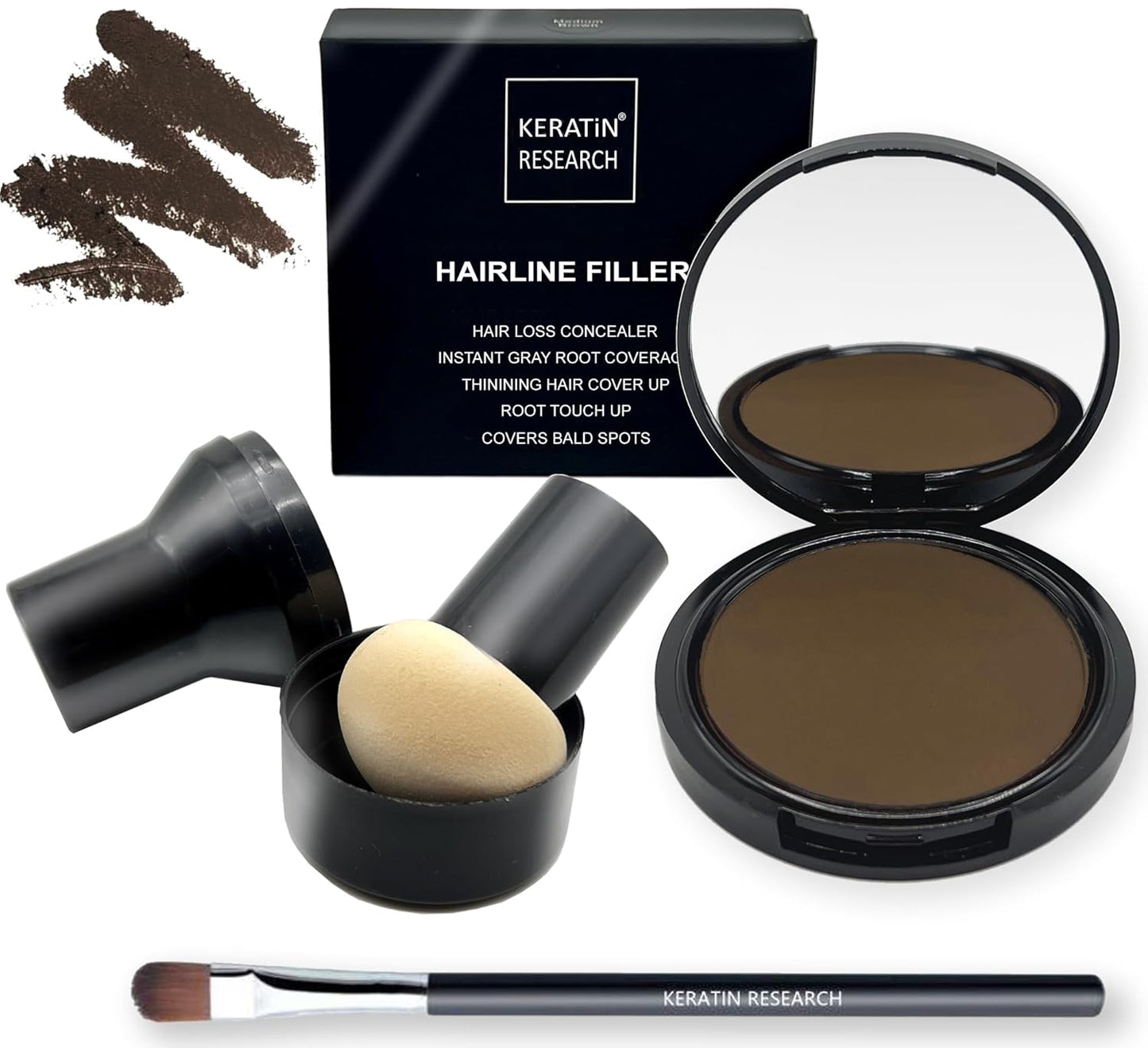 KERATIN RESEARCH Hairline Filler Unisex Mineral Powder Root Touch-Up Hair loss Concealer Scalp & Beard Bald Patch Coverage Fibers for Thinning Hair Waterproof Organic Natural look (MEDIUM BROWN, XL)