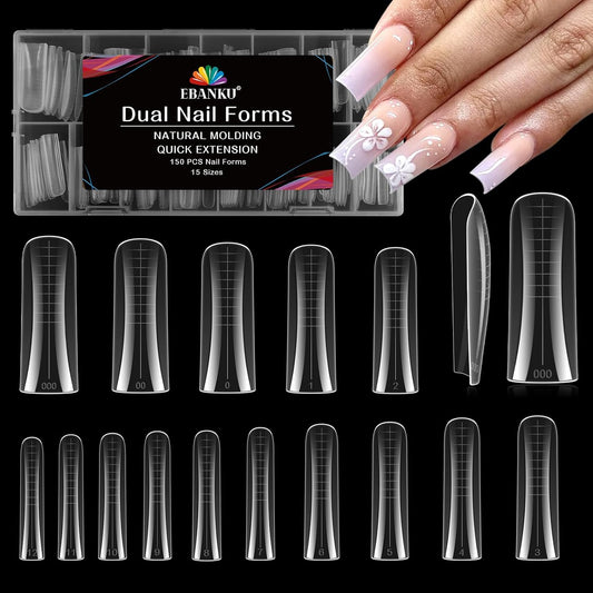 EBANKU Dual Nail Forms for Poly Extension Gel, 150 PCS Duck Nail Molds Reusable 15 Sizes Nail Extension Forms for Builder Gel Manicure Design Salon DIY