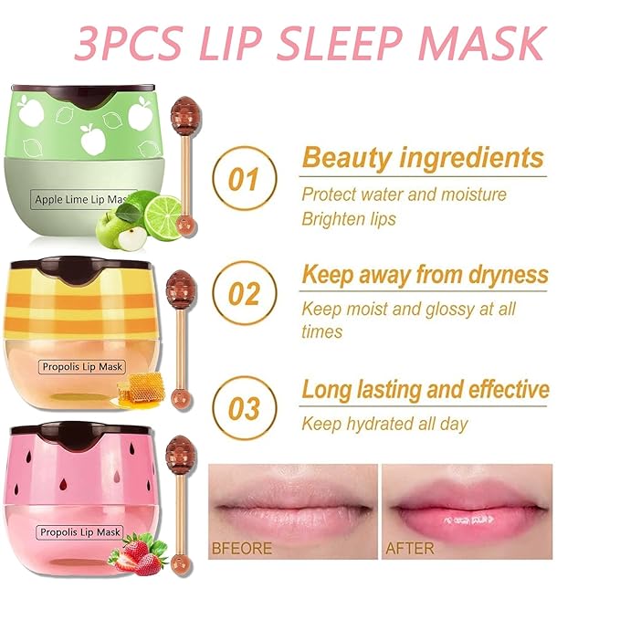 Bee Lip Balm Honey Pot, Strawberry & Honey Moisturizing Propolis Lip Mask, Hydrating & Prevention Dry and Cracked Lip Scrubs Exfoliator, Reduces Lip Lines (Green Yellow Pink)