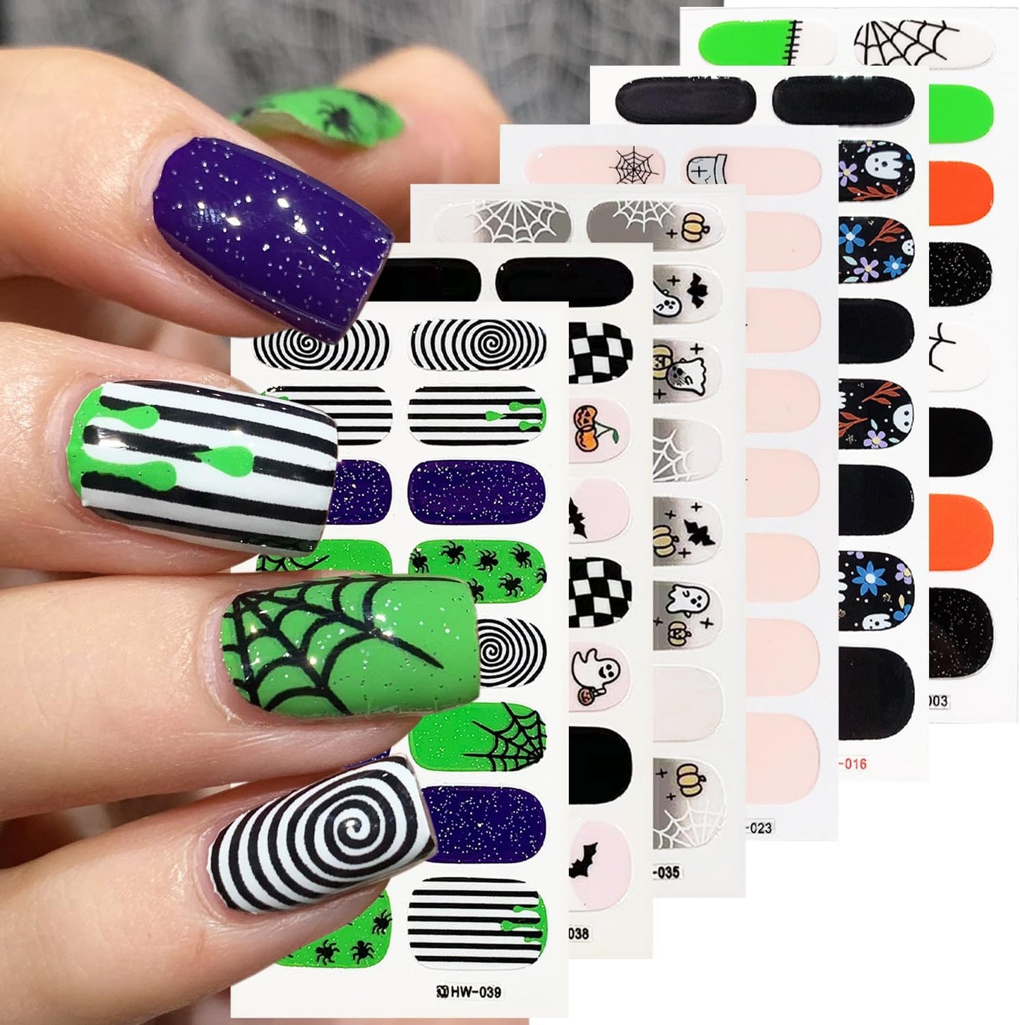 6 Sheets Horror Halloween Gel Nail Wraps Spider Web Flower Ghost Nail Polish Stickers Self-Adhesive Bat Pumpkin Spider Gel Nail Stickers Scary Halloween Holiday Nails Strips for Women
