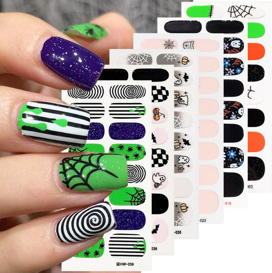 6 Sheets Horror Halloween Gel Nail Wraps Spider Web Flower Ghost Nail Polish Stickers Self-Adhesive Bat Pumpkin Spider Gel Nail Stickers Scary Halloween Holiday Nails Strips for Women