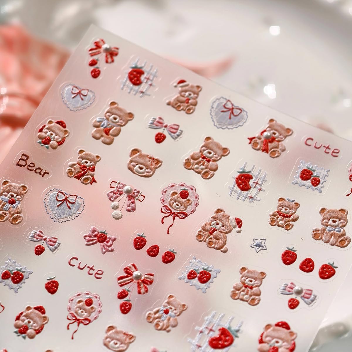 Cute Nail Stickers Bear Nail Art Decals Strawberry with Design Nails Art Stickers 5D Embossed Charms Self Adhesive Nails Decals for Women Girls Kid Manicure DIY Decoration Accessories