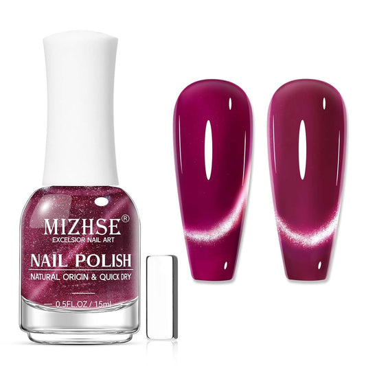 MIZHSE Quick Dry Cat Eye Nail Polish, Cherry Red Magnetic Nail Polish with Magnet, Air Drying Fast 15ml Cateye Nail Lacquer for Women Girls Non-Gel Nail Art Manicure DIY Home