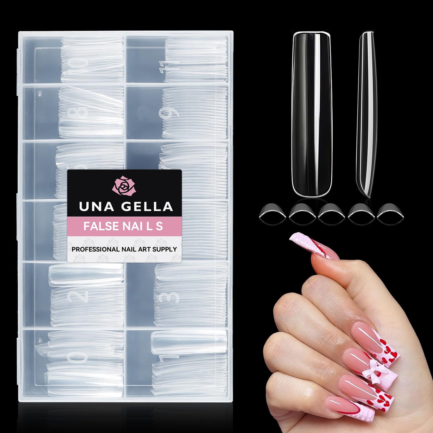 UNA GELLA XXL Long Square Nails Tips 216 PCS No C Curve Straight Nail Tips Full Cover Square Gel Tips Extra Long Nail Tips Clear False Fake Nails Gel Nail Extension for Nail Salon Home DIY 12 Sizes