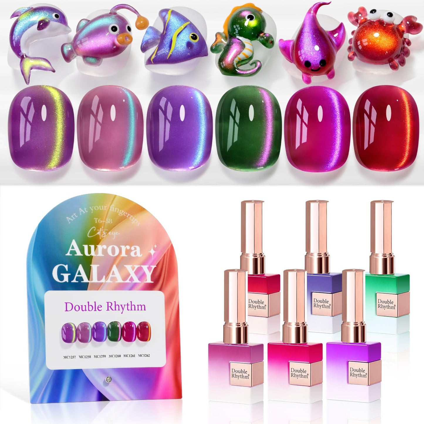 Double Rhythm Cat Eye Gel Nail Polish Set of 6 Same Color Same Bottle 0.5 Oz Shimmer Glitter with Magnet Holographic Reflective Magnetic UV Nail Polish Kit at Home (Aurora Galaxy Burgundy-T6-58)
