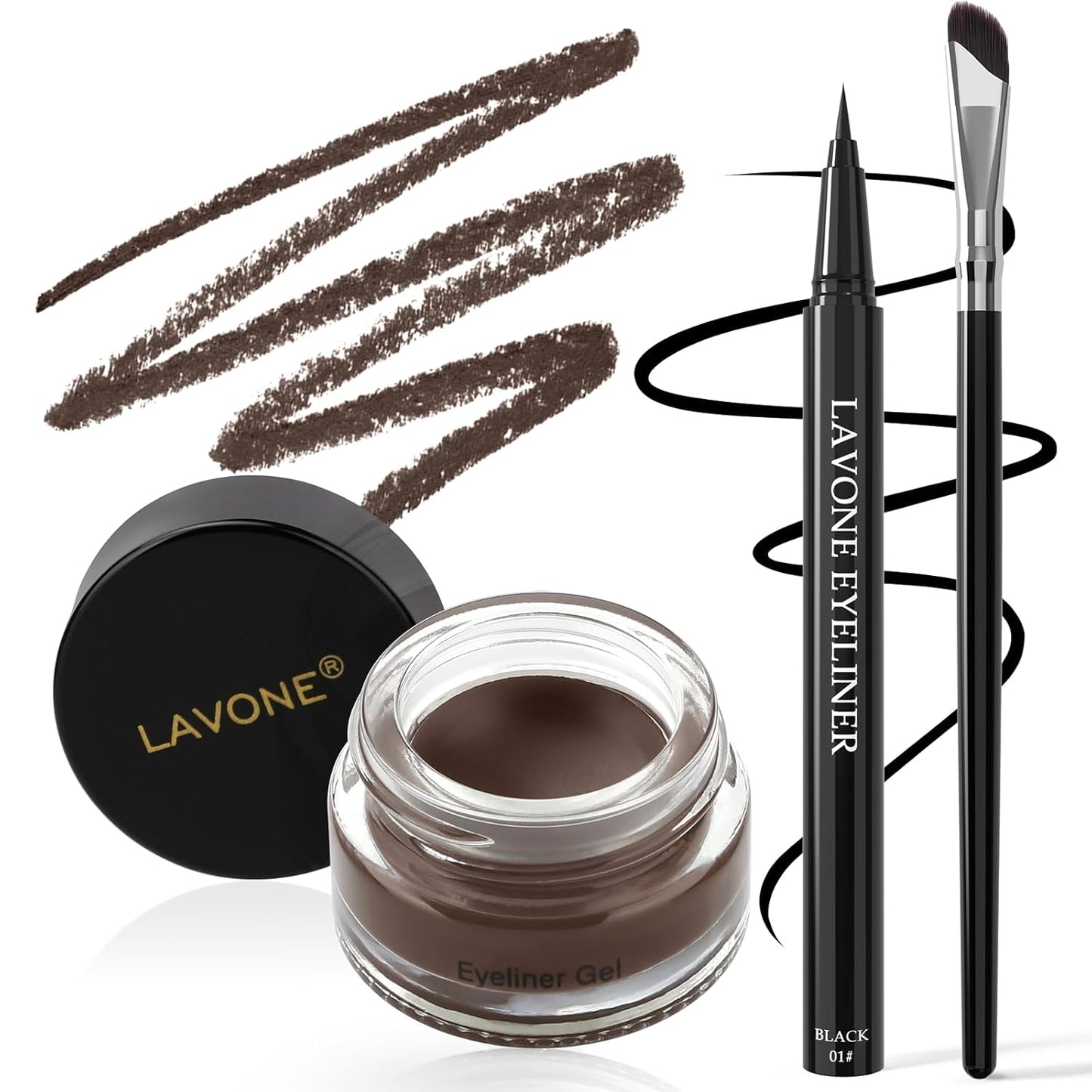 LAVONE Eyeliner Set - Waterproof Makeup Kit with Liquid Eye Liner Pencil, Gel Eyeliner and Angled Eye Liner Brush, Waterproof, Smudge Resistant, Long Lasting Formula - Black Brown