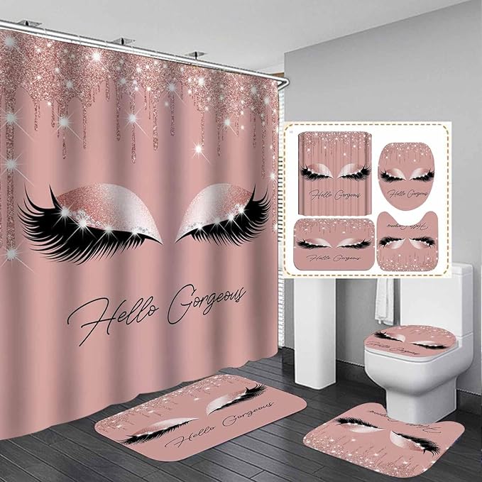4PCS Hello Gorgeous Shower Curtain Set, Eyelash Makeup Glam Fashion Girly Pink Bathroom Decor for Women Girls, Waterproof Fabric Shower Curtain, Non-Slip Bath Mat Toilet Rug, Rose Gold Glitter