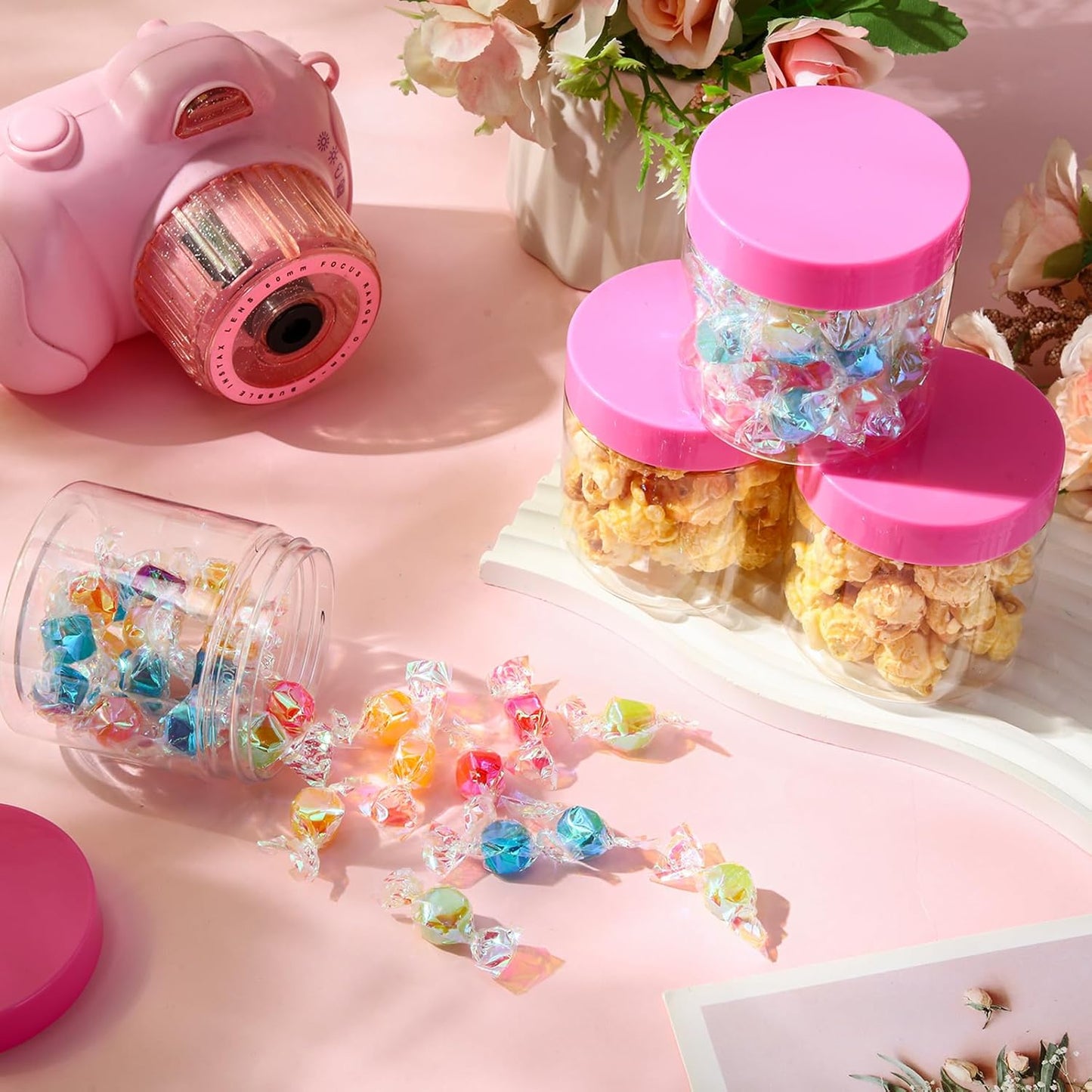 SATINIOR 100 Pcs Plastic Jars with Lids Small Containers Lids Wide Mouth Small Plastic Containers for Lotion Cream Rhinestones Body Butters Travel Storage(8 oz, Pink)