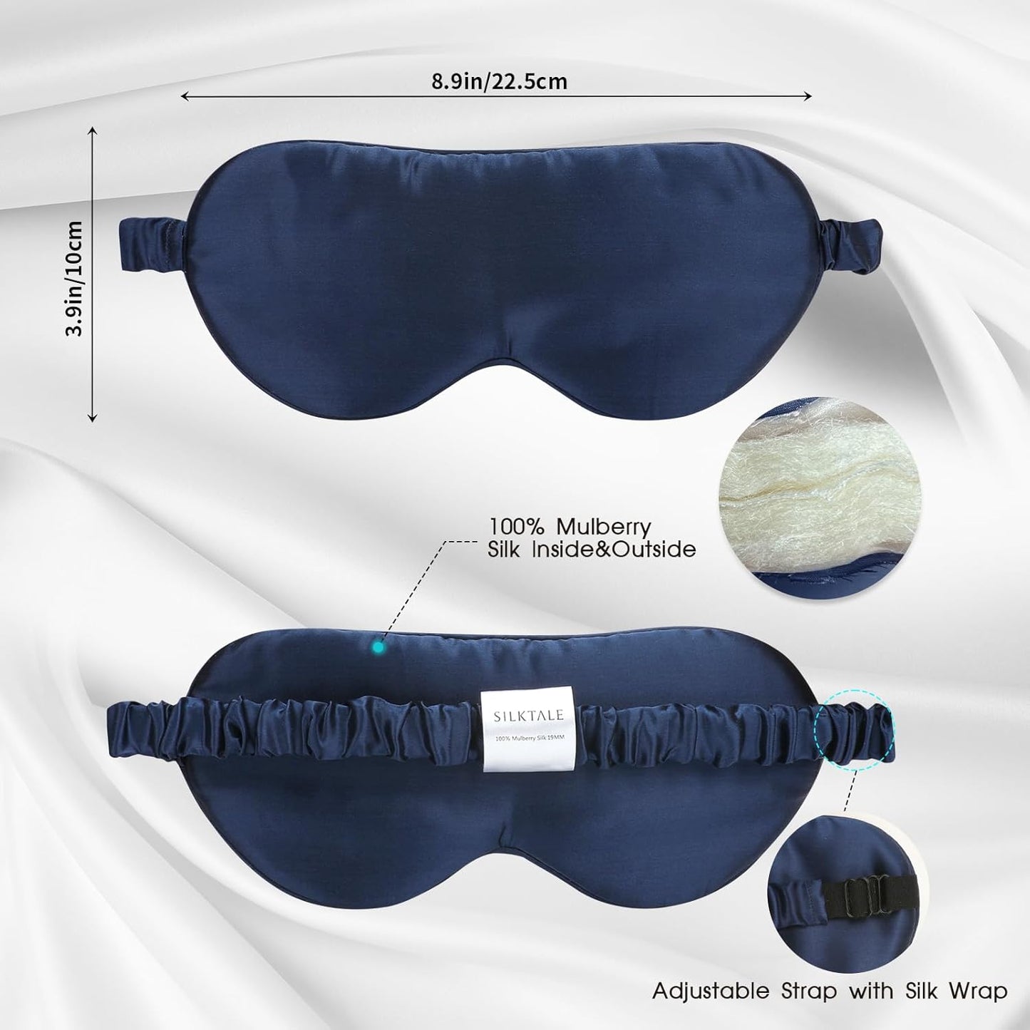 Mulberry Silk Blackout Adjustable Sleep Eye Mask for Men/Women Travel Plane,Navy Blue