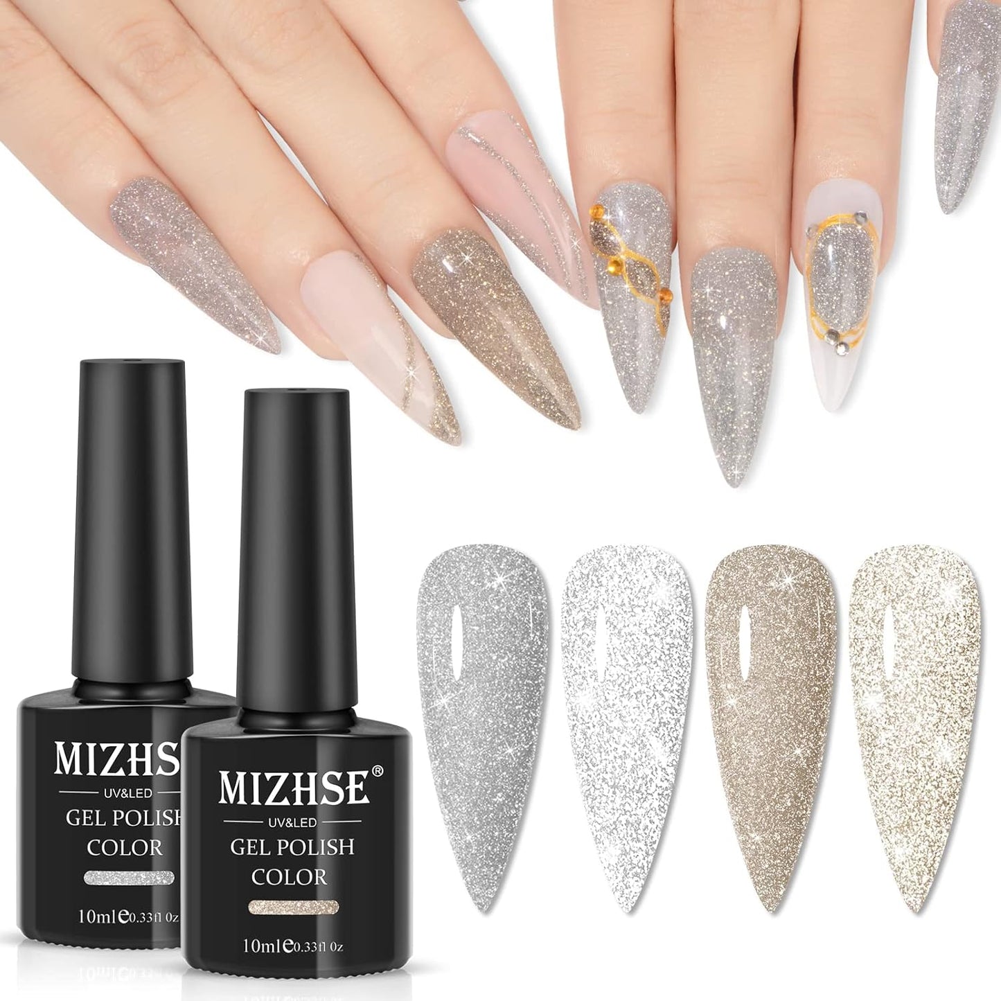 MIZHSE Reflective Gel Nail Polish, Glitter Silver and Gold Gel Polish 2 Colors, Sparkle Shiny Diamond Nail Gel Manicure Set Nail Art at Home Salon 10ML