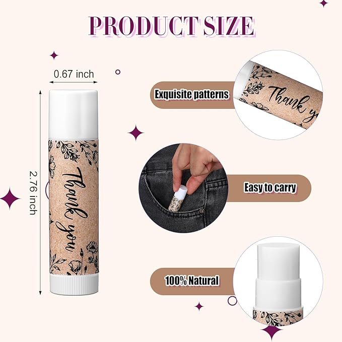 30 Pcs Thank You Lip Balms Bulk Wedding Bridal Shower Favors for Guests Wedding Souvenirs Moisturizing Floral Lip Balm Gifts for Bachelorette Party Bridesmaid Baby Shower, Classic Wood Grain