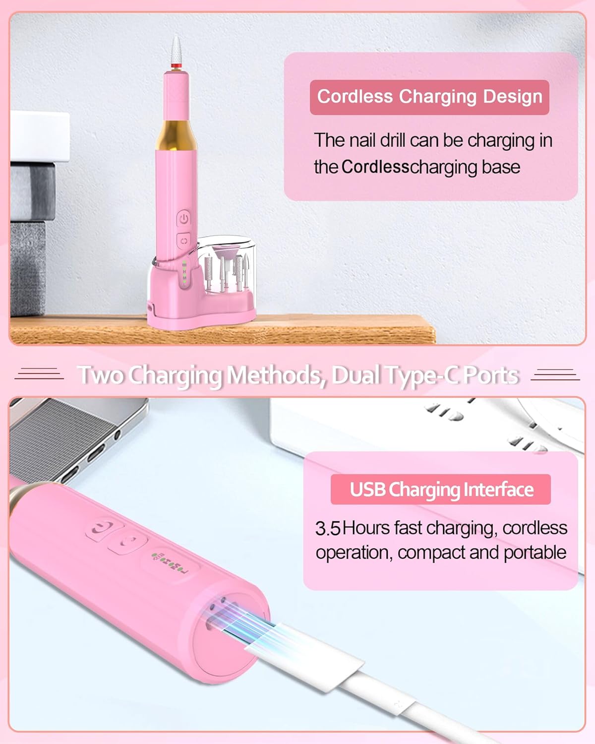 Electric Cordless Nail Drill Portable Nail Drill Machine for Gel Acrylic Nails, Rechargeable Nail File for Home Salon Electric Nail File Pink