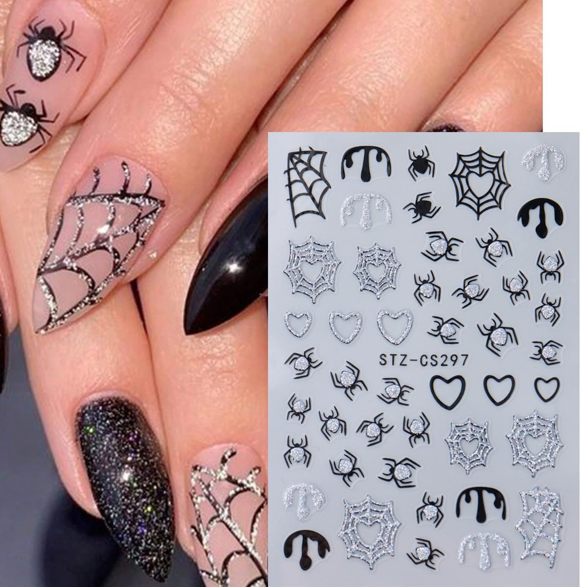 Halloween Nail Art Stickers - 9 Sheets 3D Self-Adhesive Design Decals With Ghost, Pumpkin, Spider, Bat, Black Gold Silver Web - DIY Nail Decoration for Women