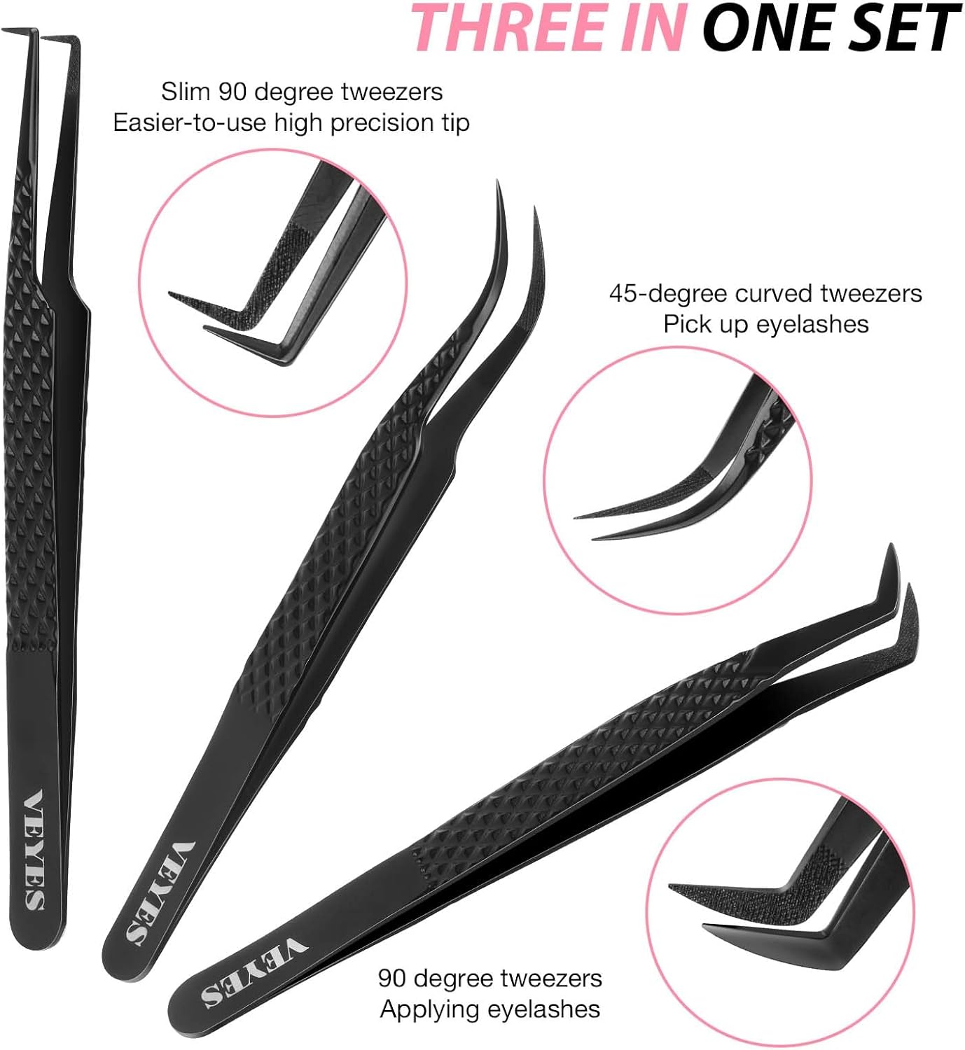 VEYES INC Lash Tweezers for Eyelash Extensions,Fiber Tip Tweezers Kit for Individual Classic and Volume Lash,3PCS Stainless Steel Lash Tweezers-Black
