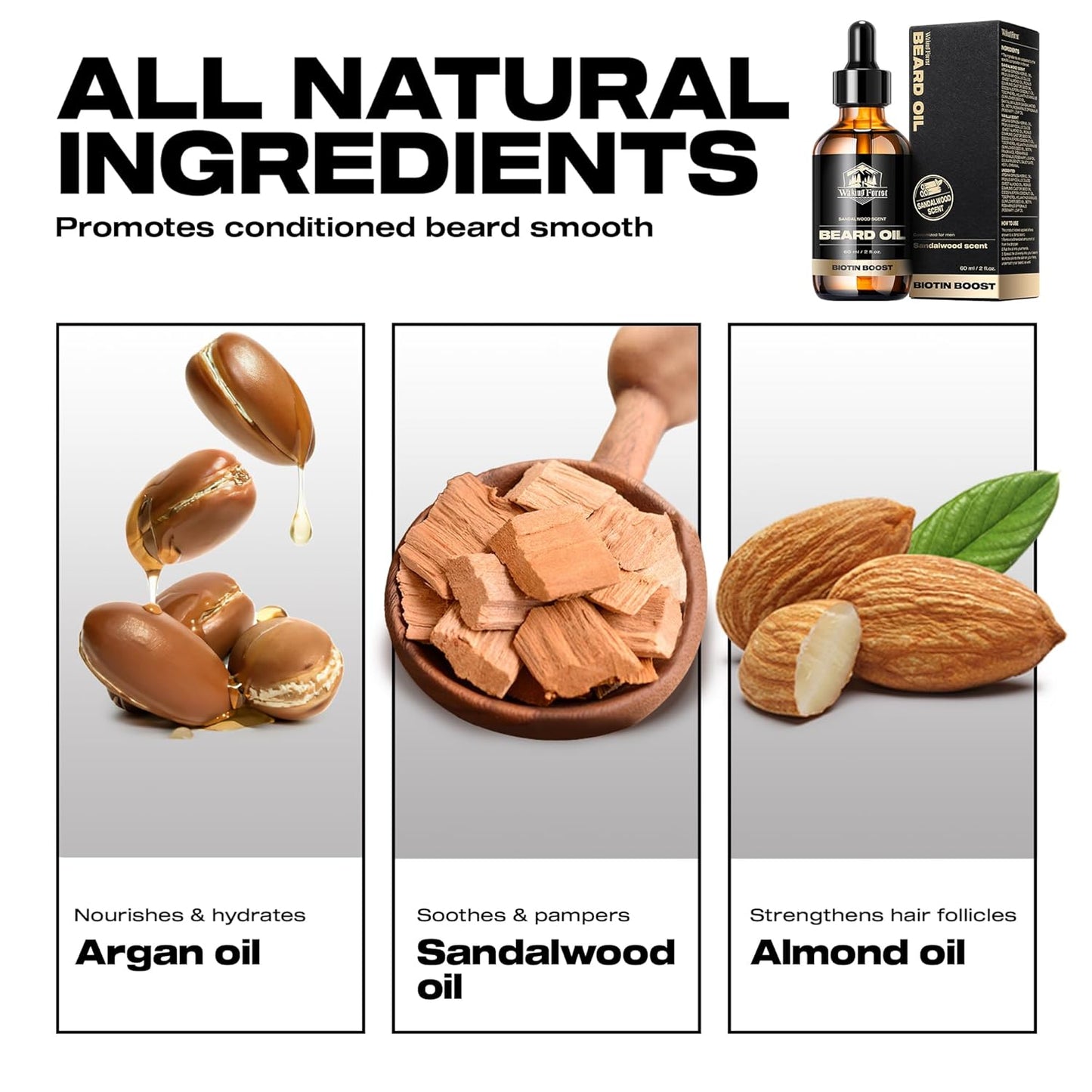 Waking Forest Beard Growth Oil - Biotin Sandalwood Oil with Vitamin E, Rosemary & Castor for Thicker, Softer, Stronger Beards (2oz)