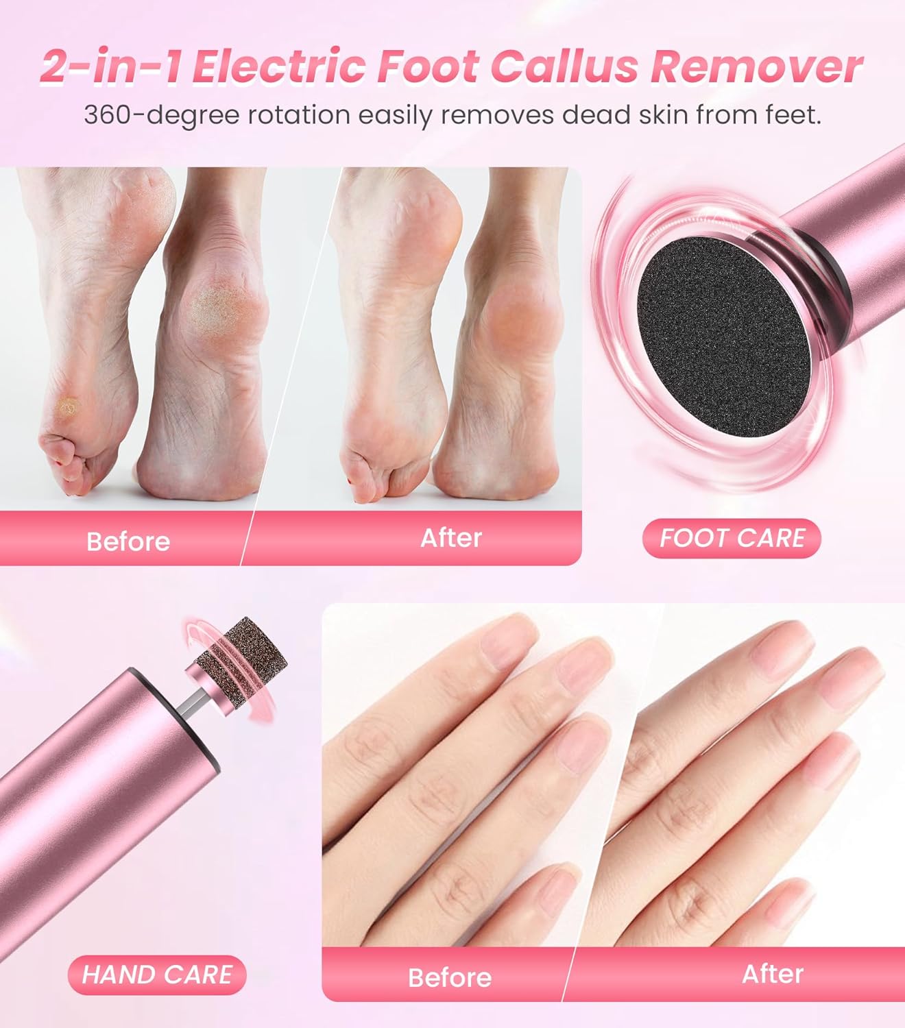 Electric Foot Callus Remover, 6 Speeds 2-in-1 Rechargeable Electric Foot File & Nail Grinder, Callus Remover for Feet Pedicure Tools with Sandpaper Disc for Dead Skin - Pink