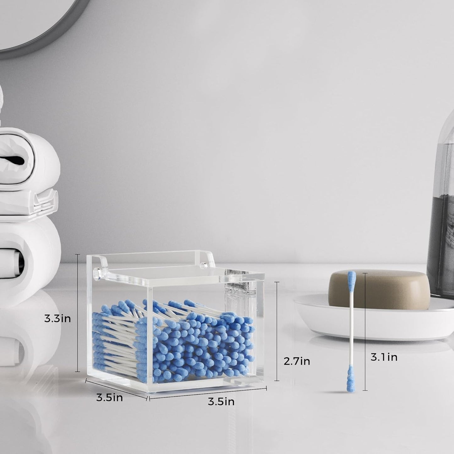 Clear Acrylic Qtip Holder With Lid Cotton Balls Swab Organizer,Square Q Tip Storage, Floss Picks, Bath Salts, Cotton Wab Holder,Home Bathroom Decor (DP011)