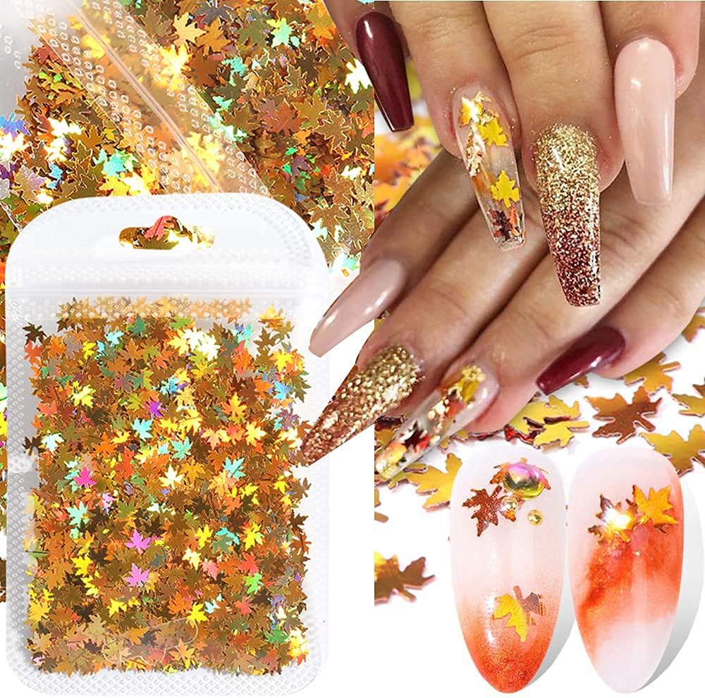 5 Bags Fall Holographic Nail Art Maple Leaf Sequins Glitters, Nails Decorations Supply Gel Polish Manicure Tips Accessories Autumn Maple Leaves Nail Design Glitter Flakes Set