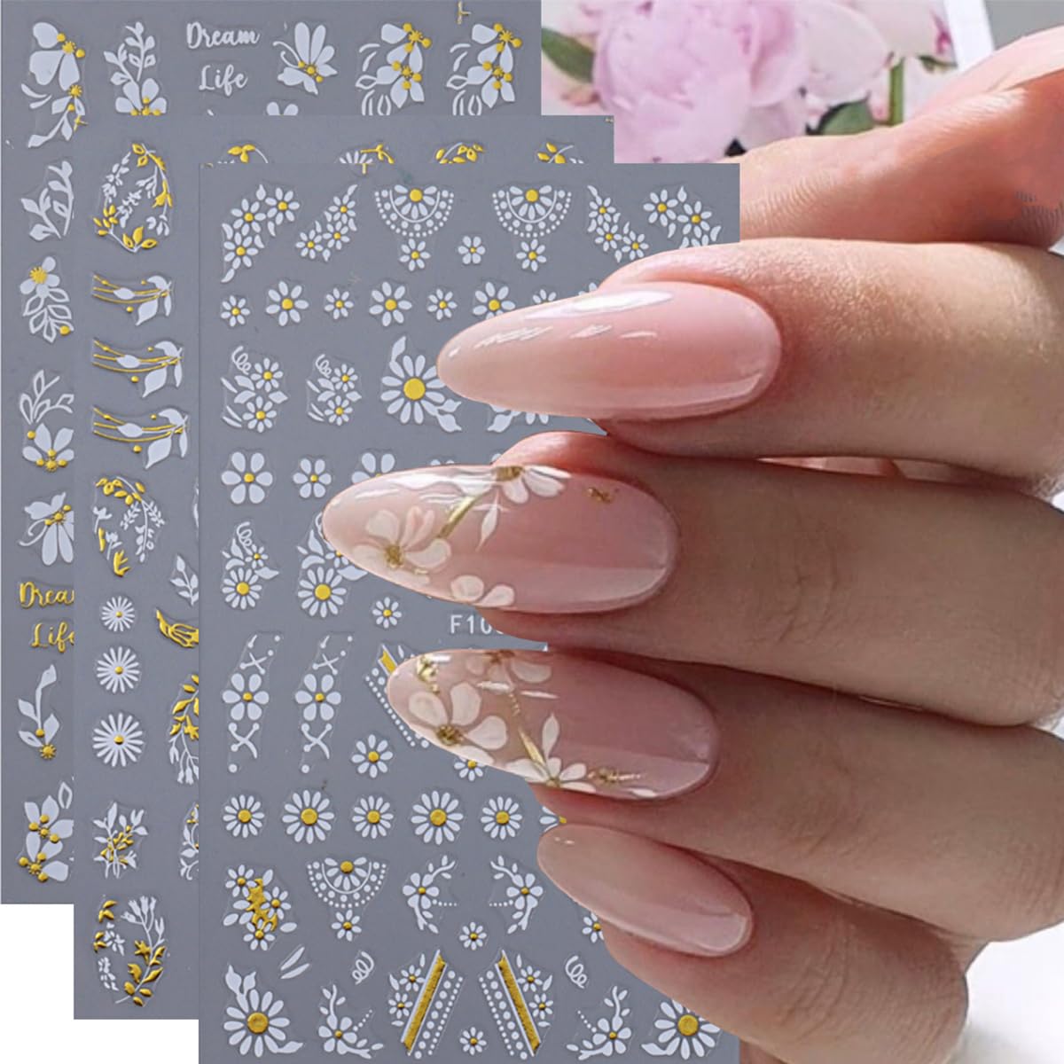 Gold Flowers Nail Stickers for Nail Art, 8Pcs Butterfly Daisy Leaves Design White Gold Nail Art Stickers 3D Self-Adhesive Nail Supplies Metal Petal Nail Decals for Women Nail Decorations Charms