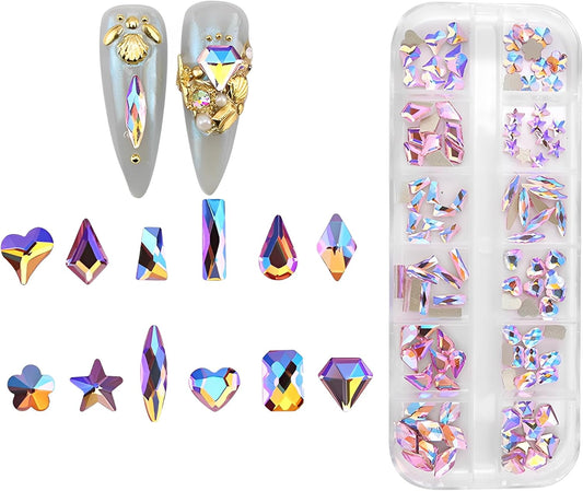 120pcs Flatback Rhinestones Glass Charms Diamantes Gems Stones for Nail Art Box Multi Shapes Pink AB