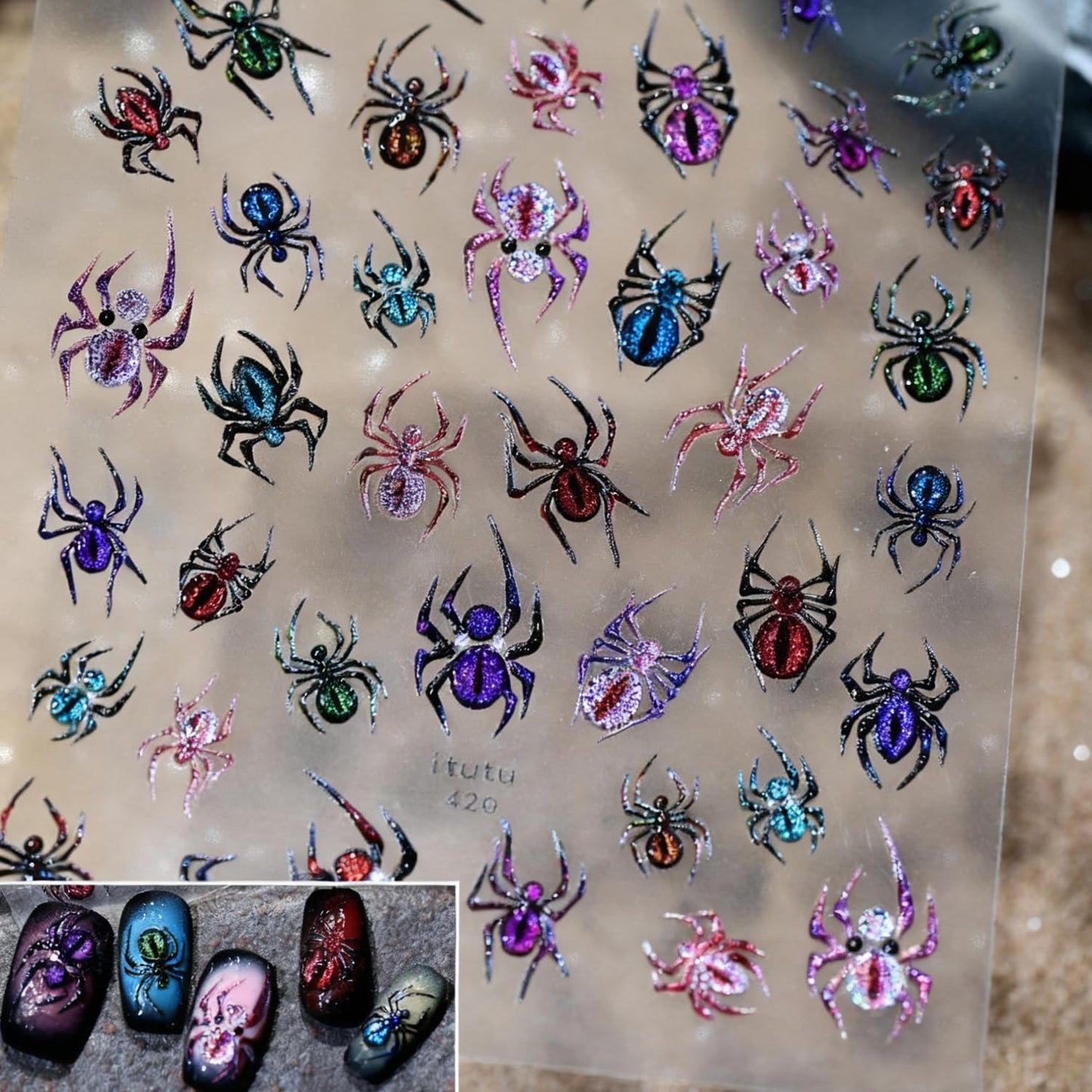 Halloween Nail Stickers 1 Sheet 3D Embossed Nail Art Stickers DIY Self-Adhesive Nails Decals Stickers with Colorful Spider Glitter Designs Holiday Nail Art Decorations