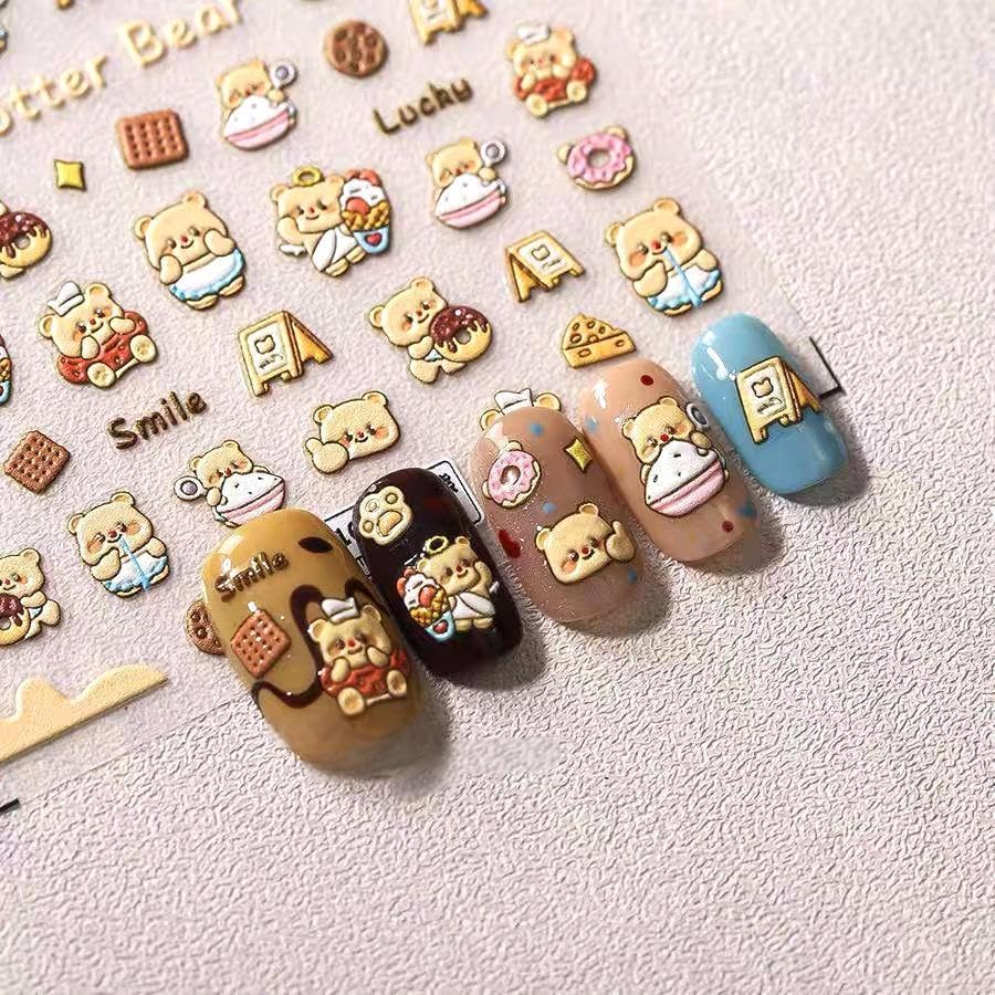 Dedyel Cute Nail Stickers 5D Embossed Cartoon Bear Kawaii Animal Self-Adhesive Nail Decals for Women Girls Kids Nail Art Decoration