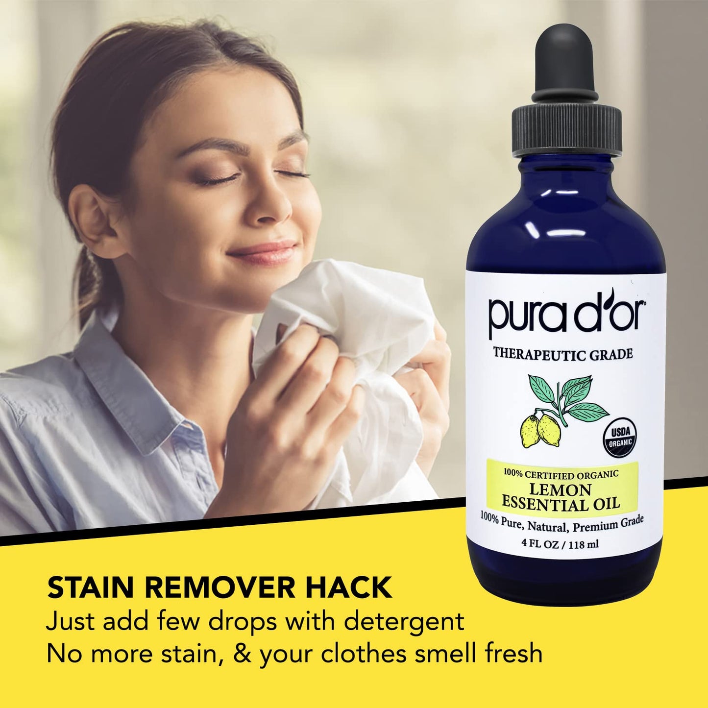 PURA D'OR Organic Lemon Essential Oil (4oz with Glass Dropper) USDA Certified 100% Pure & Natural Therapeutic Grade Diffuser Oil Citrus Scented for Aromatherapy, Mood Uplift, Energy, Focus