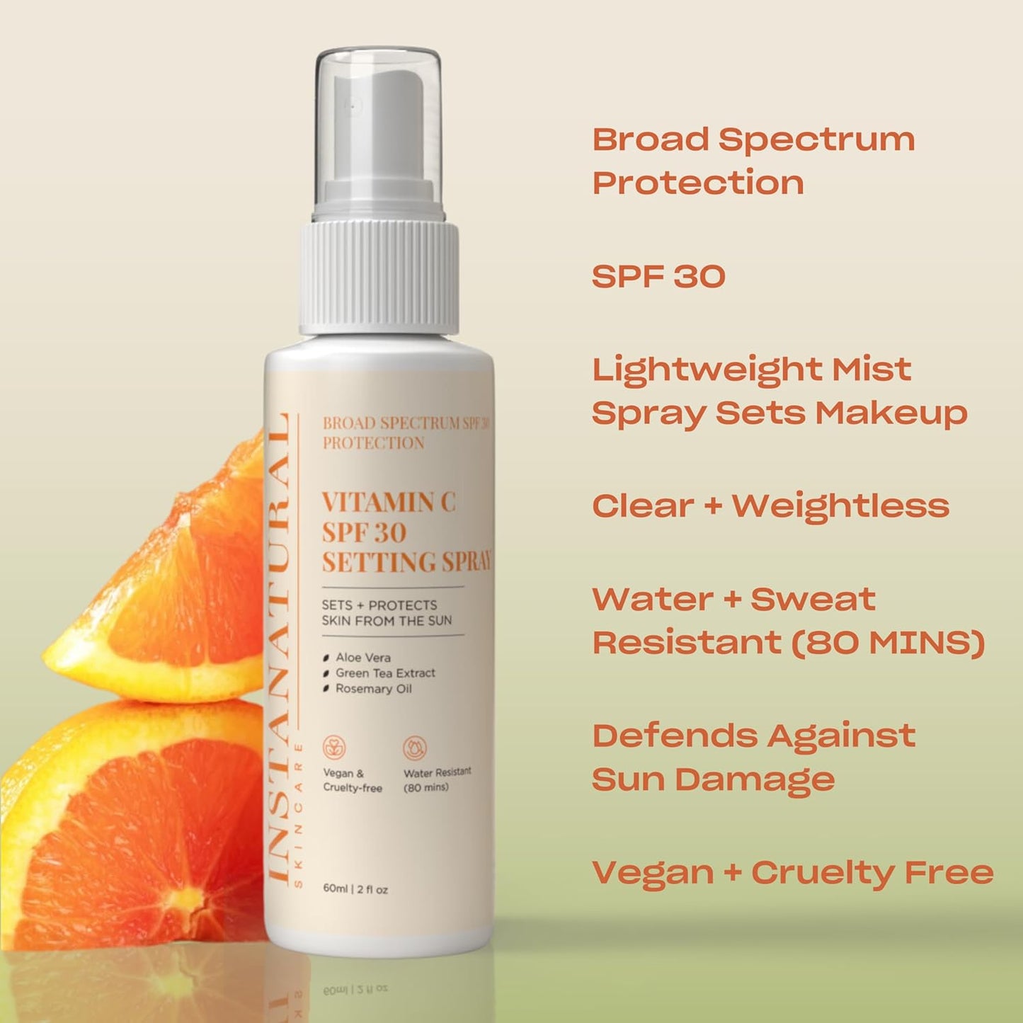 InstaNatural Skin Care Vitamin C SPF 30 Broad Spectrum Sunscreen Make Up Setting Spray, Brightens & Hydrates, UVA, UVB Sun Protection Sunblock, with Aloe Vera & Botanicals, Pump Bottle, 2 Fl Oz