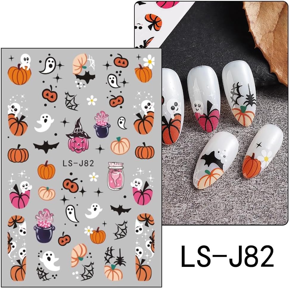 8 Sheets Halloween Cute Nail Stickers Pumpkin Ghost Mummy Cat 3D Self Adhesive Black Nail Decals Spider Web Bat Nail Art Design Halloween Party DIY Nail Art Decoration for Women Kid Girls