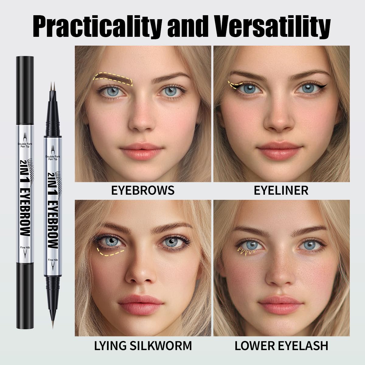 Eye Brow Pencils for Women Brown,2-in-1 Dual-Ended Eye Brow Pencil with 2-Fork-Tip and Precise Brush-Tip, Microblading Eyebrow Pen for Waterproof Long Lasting Natural Hair-Like Brows(Brown)