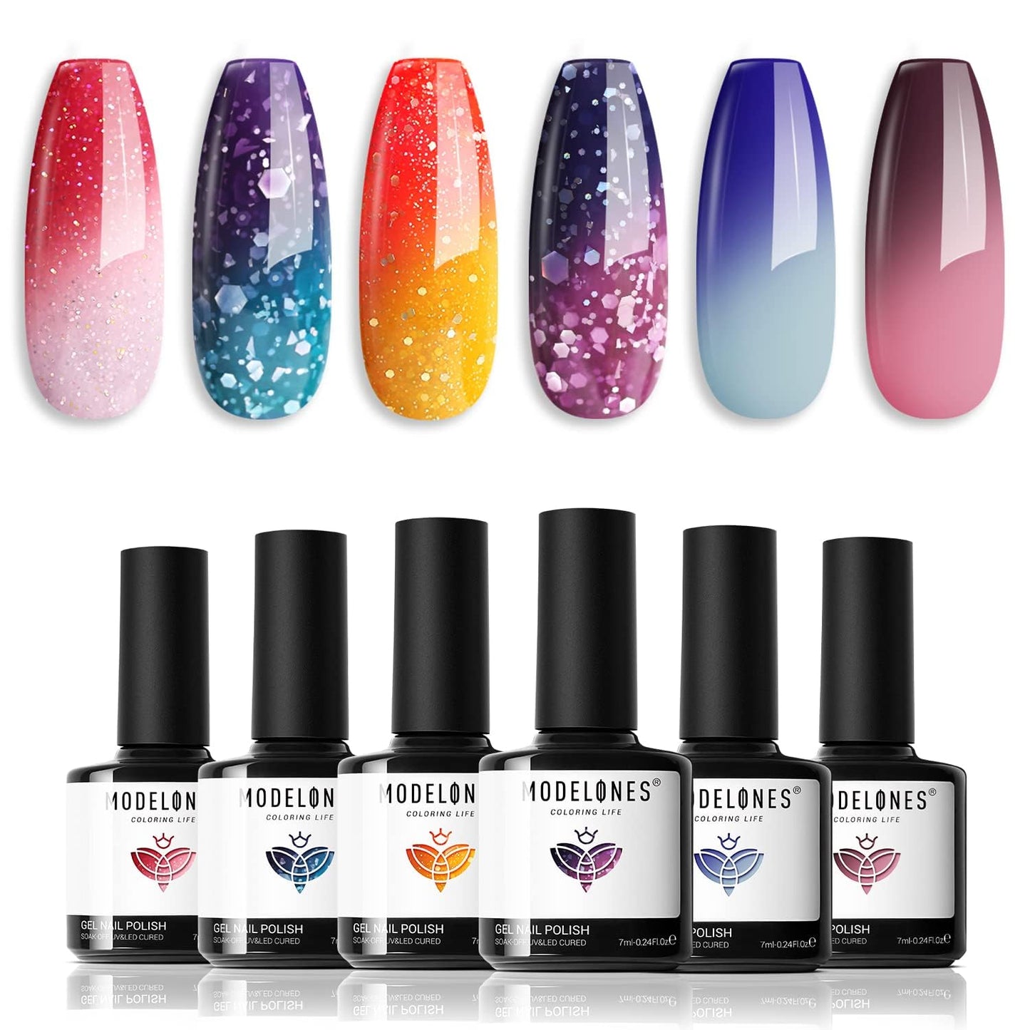modelones Color Changing Gel Nail Polish Set, 6 Colors Red Pink Glitter Blue Purple Mood Temperature Change Nail Polish Gel Set Soak Off Nail Art Gel DIY Salon Manicure Gift