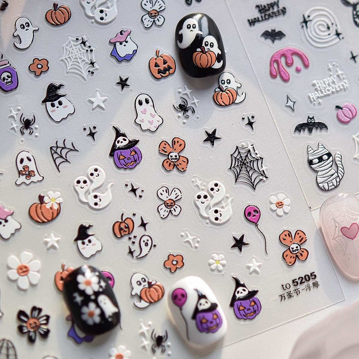 Halloween Nail Stickers Ghost Nail Decals 5D Embossed Cute Nail Art Sticker Flower Pumpkin Spider Wed Nail Supplies Design for Women Holiday DIY Manicure Decoration 1Sheet
