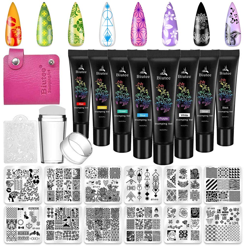 Biutee Nail Stamping Plates Set - 12pcs Templates, 8 Colors, Stamper, Scraper, Storage Bag - Animal & Flower Design Nail Art Plates