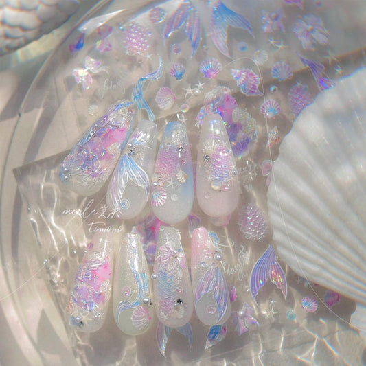 Summer Seashell Starfish Nail Art Stickers 5D Embossed Shiny Shell Nail Decals Cute Mermaid Nail Accessories Ocean Theme Summer Nails Design Pearl Bow Nail Adhesive Sliders for Women Manicure