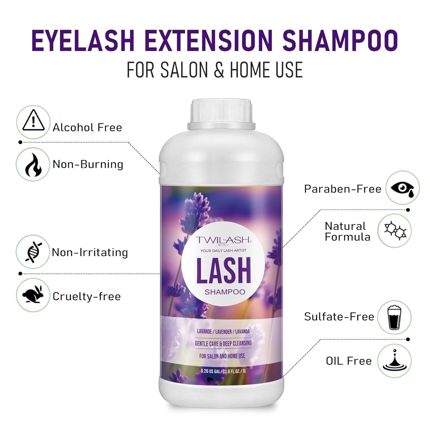 Lash Shampoo Bulk, Eyelash Cleanser for Extensions 1 Liters, Safe Makeup Remover, Non-irritating or Burning Formula Eyelid Foaming Cleanser for Professional Salon and Home Use (Lavender-1L)