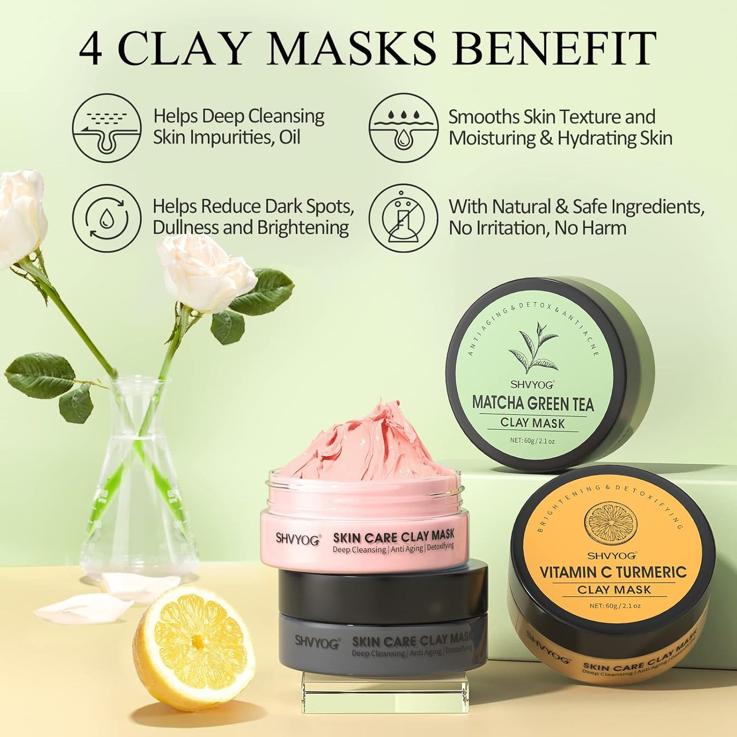 4 Pcs Clay Facial Mask Set - Turmeric, Vitamin C, Green Tea, Dead Sea Mud, and Rose Clay Skin Care Mask for Deep Cleansing, Moisturizing, and Refining Pores - 240g