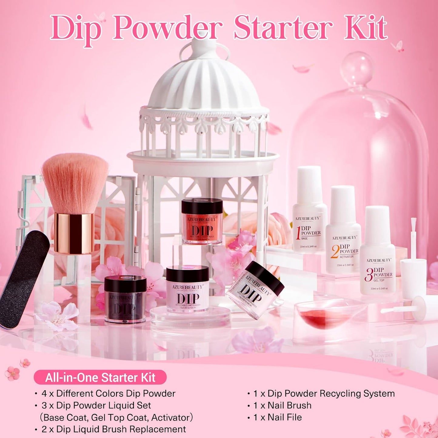 AZUREBEAUTY Dip Nails Powder Starter Kit, 4 Colors Pink Red Black Clear Dipping Powder System Liquid Set Recycling Tray with Base & Top Coat Activator Manicure Kit for Valentine's Day Gift.