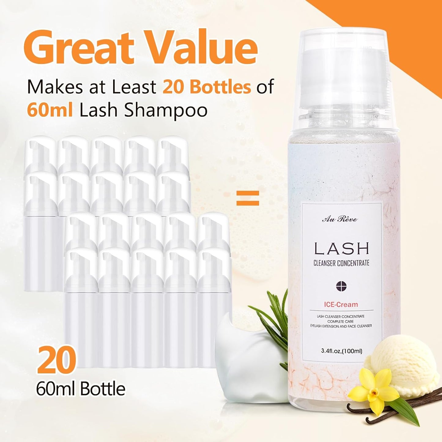 Lash Shampoo Concentrate 100ml Lash Extension Cleanser Oil-Free Eyelash Extension Shampoo with Salon Home Care -Makes 20 Bottles 60ml Eyelash Cleaner,Ice Cream