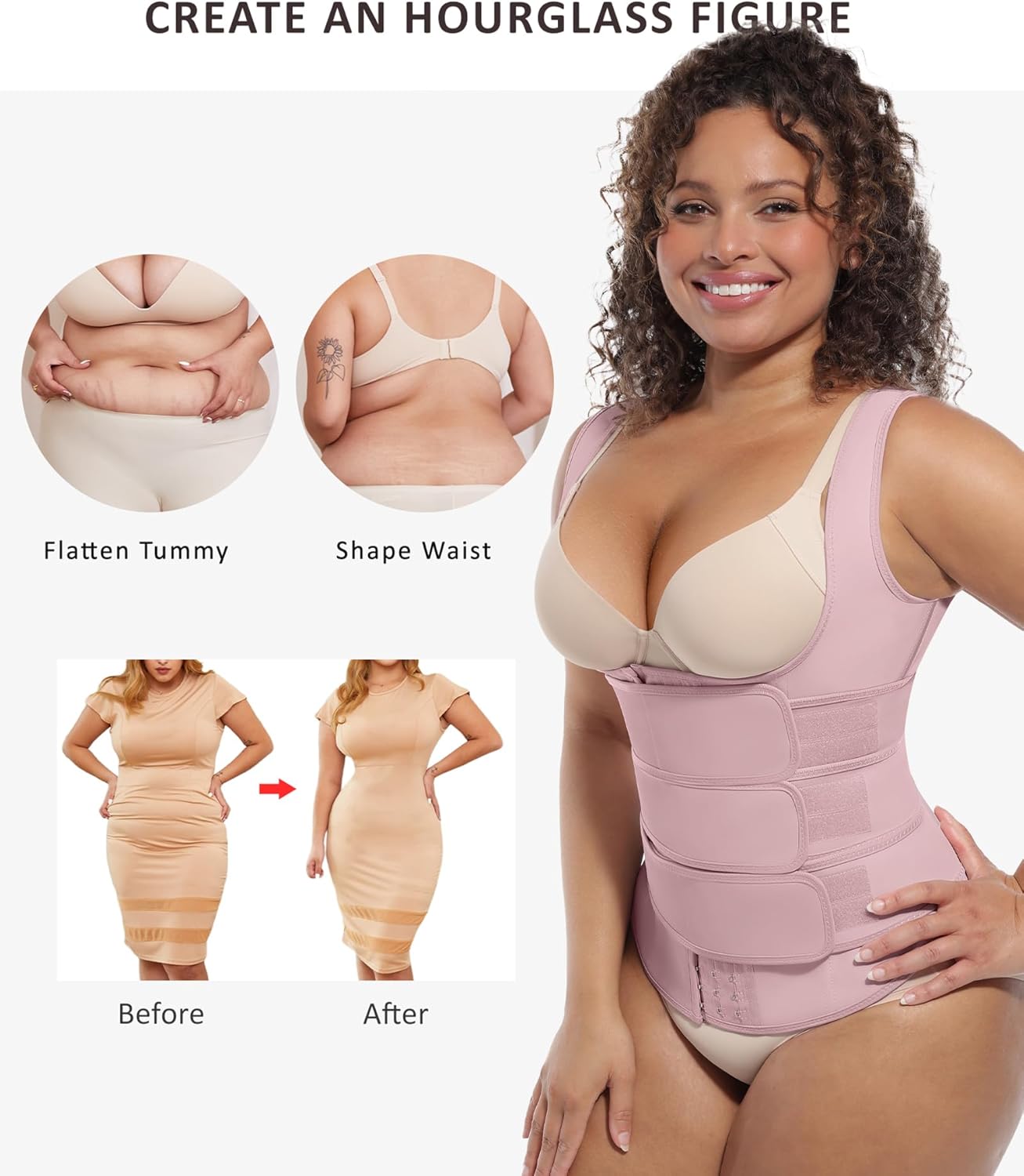 FeelinGirl Waist Trainer for Women Latex Waist Trainers Vest Plus Size Waist Cincher Corset 3 Belts Hooks Steel Bones