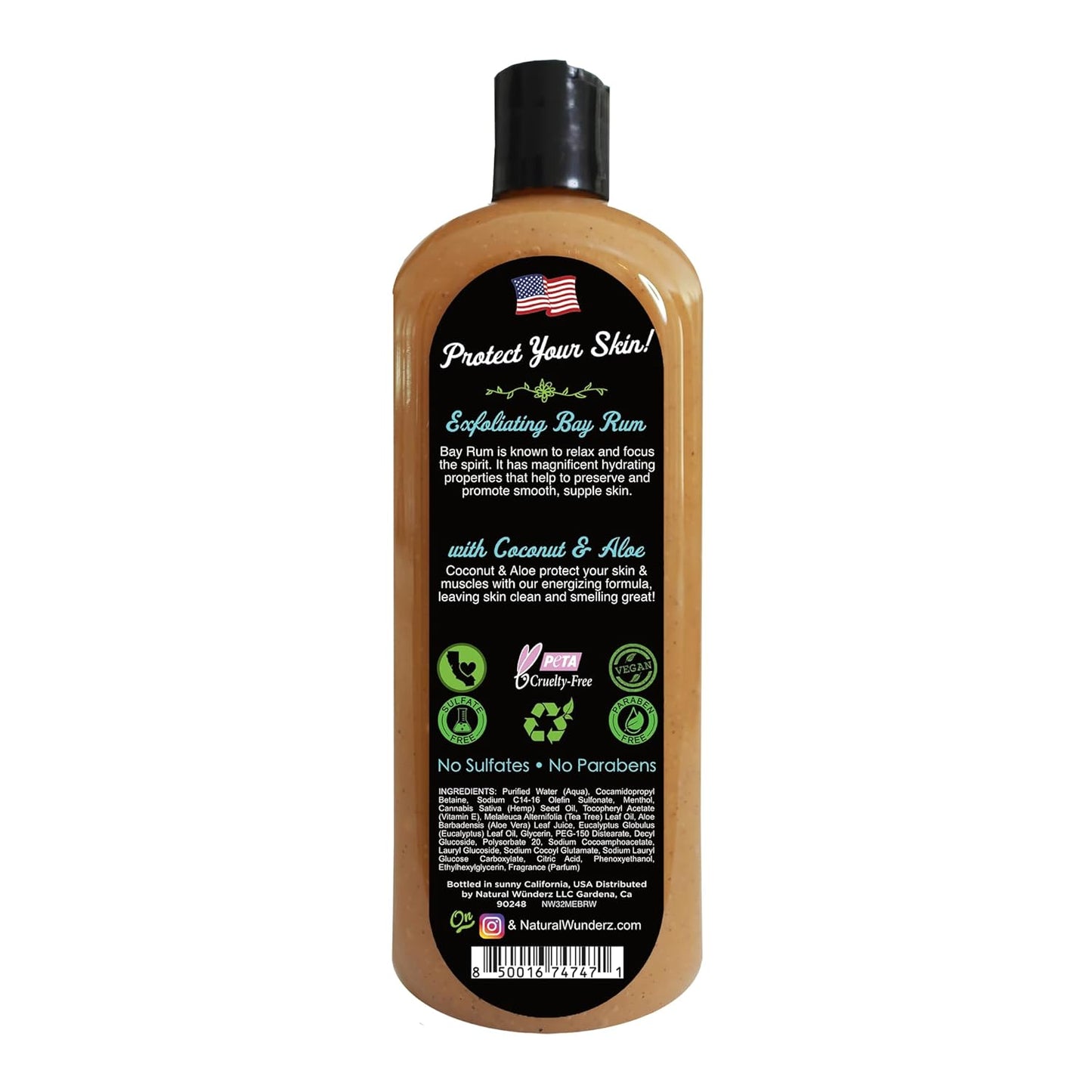 Mens Body Wash, Exfoliating Bay Rum & Coconut Aloe Scent, 32 Fl Oz All-In-One Liquid Soap and Shower Gel, Sulfate Free and Vegan Friendly Body Scrub