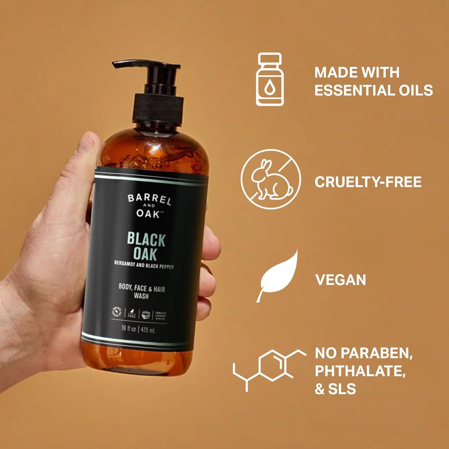 Barrel & Oak All-in-One Wash for Face, Hair, & Body, Vegan & Hydrating Face, Shampoo and Body Wash for Men, Grooming Kit Gifts for Men, Black Oak, 16 oz