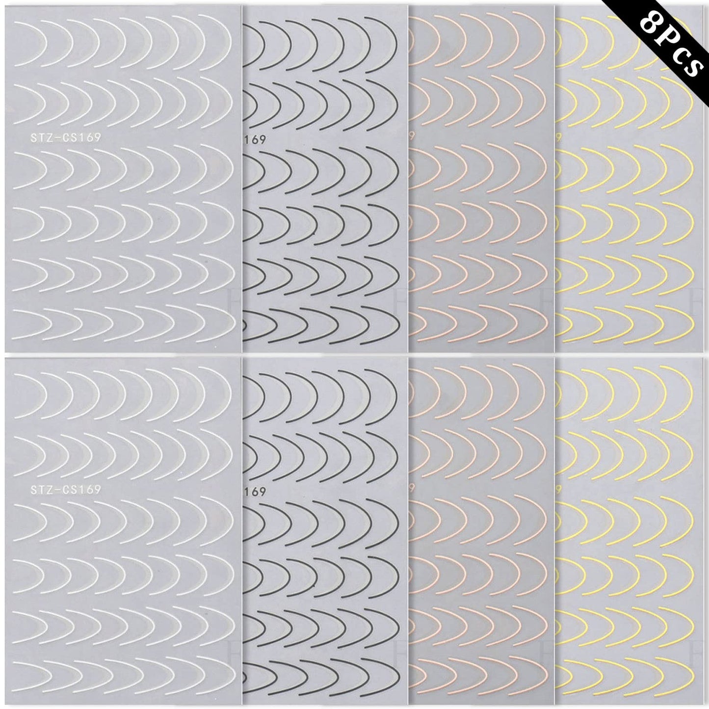 350+ Pcs French Tips Nail Stickers Decals, 8 Sheets Self-Adhesive Exquisite Noble Gold Silver Black Rose GoldFrench Manicure Nail Decals for Women Girls Beginners (U-Shaped)