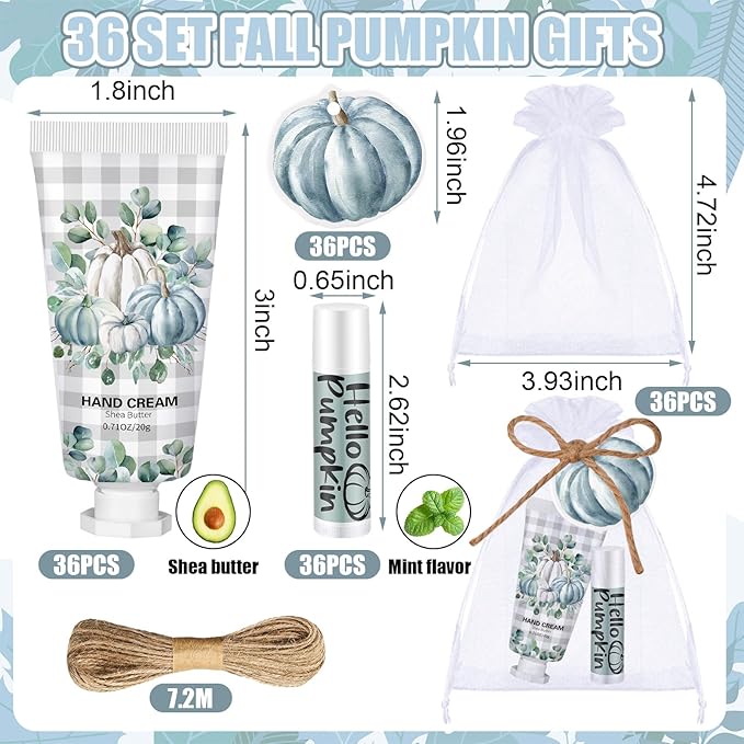 144 Pcs Fall Lip Balm Hand Cream Set Party Favors, Include 36 Blue Pumpkin Lip Balm 36 Moisturizing Hand Cream 36 Bags 36 Cards and Ropes for Autumn Accessories Gifts